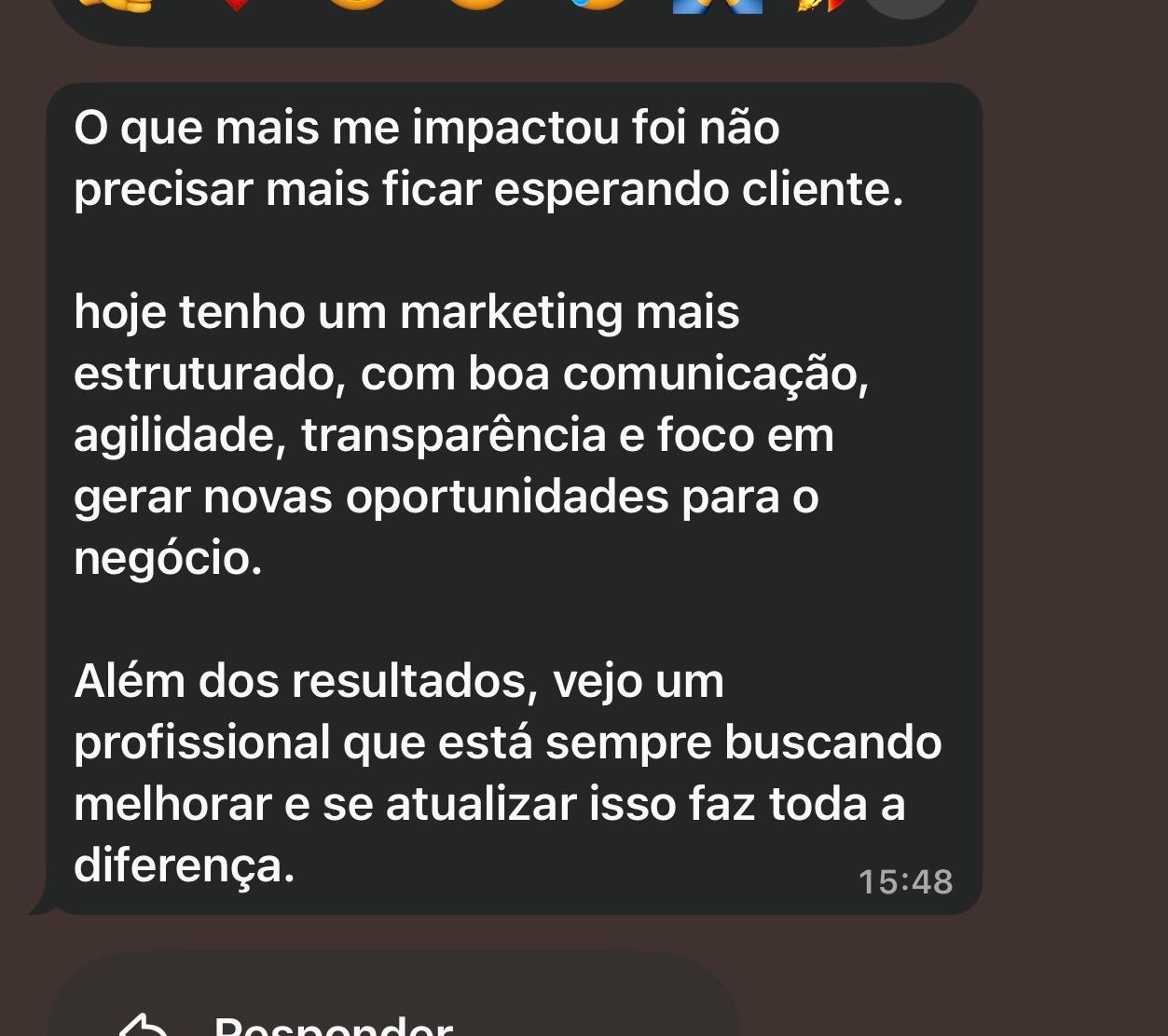 Conversa de WhatsApp de cliente sobre os resultados da gestão de tráfego da JV Mídia Digital